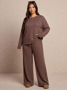 Elaquor Casual Retro Polka Dot Fabric Plus Size Long Sleeve Round Neck Top & Loose Pants 2 Pieces Set Fall - Brown - View 5
