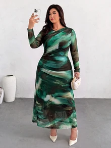 Firerie 大尺碼高彈力藝術印花洋裝 棕色/水彩效果 收腰顯瘦抓褶設計 休閒性感優雅 婚禮賓客穿搭 雞尾酒會 秋季 - 墨綠色 - 查看 1