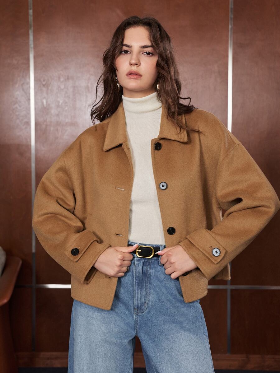 Anewsta Women's Double-Sided Wool Handmade Button Long Sleeve Coat - Camel - View 1