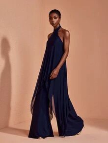 JIAN LASALA Mesh Halter Neckline Sleeveless Uneven Ruffle Hemline Long Jumpsuit Elegant Vacation - Blue - View 4