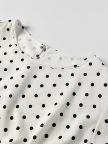 Easura Plus Size Casual Black & White Polka Dot Cinched Waist Long Sleeve Bell Sleeve Blouse - Apricot - View 7