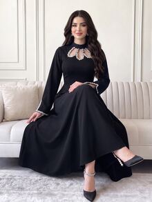Feyla Women's Rhinestone Decorated Cut-Out Design Long Sleeve Elegant Dress - Black - View 1