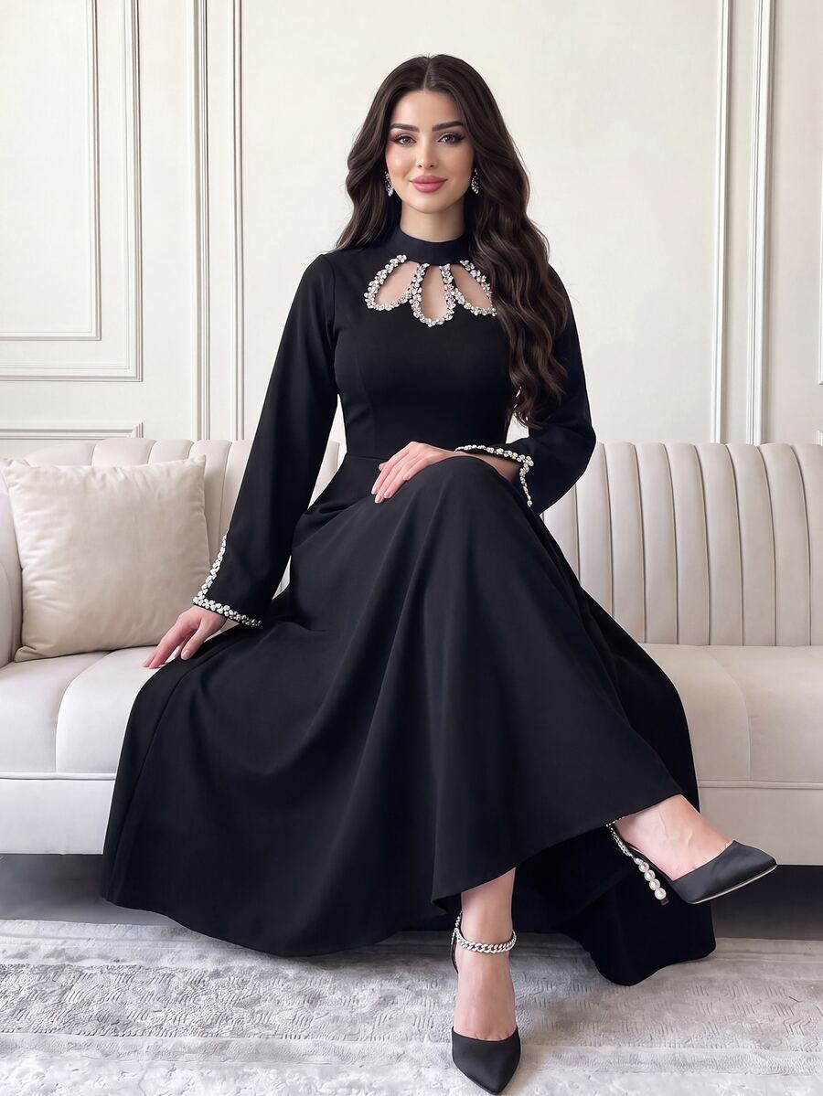 Feyla Women's Rhinestone Decorated Cut-Out Design Long Sleeve Elegant Dress - Black - View 1