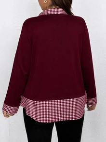 SHEIN Clasi CURVE 大尺碼女款秋冬時尚休閒寬鬆舒適日常基本款極簡格紋拼接翻領長袖襯衫 - 酒紅色 - 查看 2