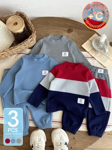 SHEIN 1pc Baby Boy Pullover Sweatshirt Preppy Red Blue Grey Letter Patch Ribbed Patchwork Long Sleeve Mock Neck Thickened Holiday Fall Jogging Cozy Basic - Navy Blue - View 1