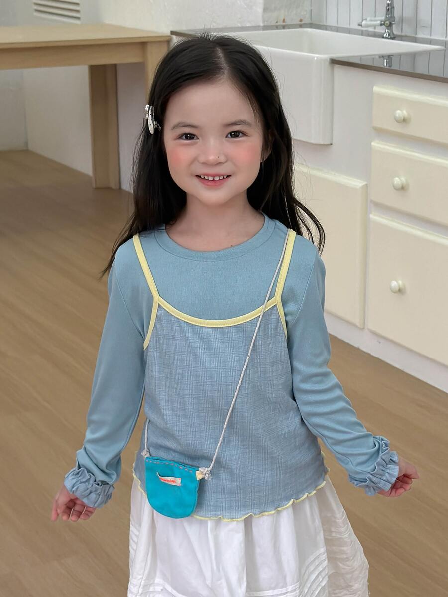 Dazy Kids Young Girl) Round Neck Design 2 In 1 Tank Top Patchwork Casual Contrast Color Inner Layer Autumn T-Shirt - Blue - View 1