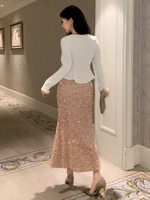DAZY Women's Solid Color Long Sleeve Top And Skirt Casual 2 Pieces Set - Apricot - View 2