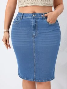 EMERY ROSE Plus Size Women's Casual Daily Outing Washed Denim Skirt With Pockets And Buttons - Medium Wash - View 5
