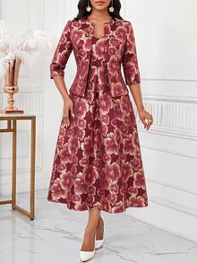 SHEIN Lady 女款時尚優雅百褶酒紅色提花細肩帶洋裝外套兩件套，適用公民儀式、夏季婚禮、正式晚宴 - 紅色 - 查看 3