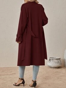 SHEIN Clasi 黑色優雅落肩袖雙排扣綁帶風衣，適合秋季辦公與旅行 - 酒紅色 - 查看 2