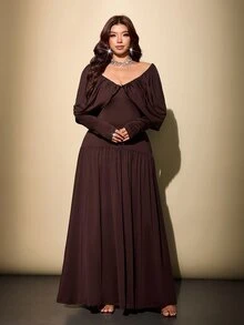 Viva Relle Plus Size Women Solid Color Pleated Casual Party Dress - Rust Brown - View 3