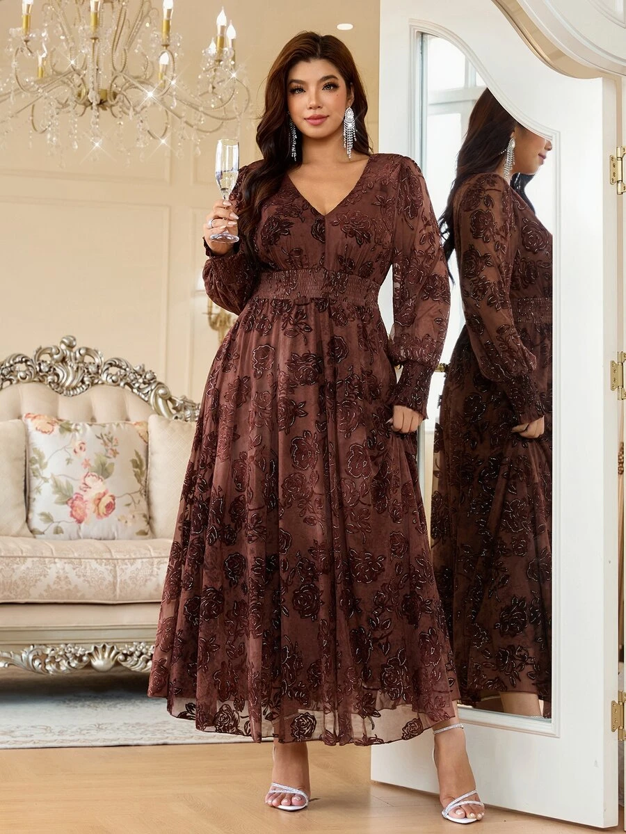 Reflora 大尺碼復古抓皺度假洋裝 秋季 - 棕色 - 查看 1