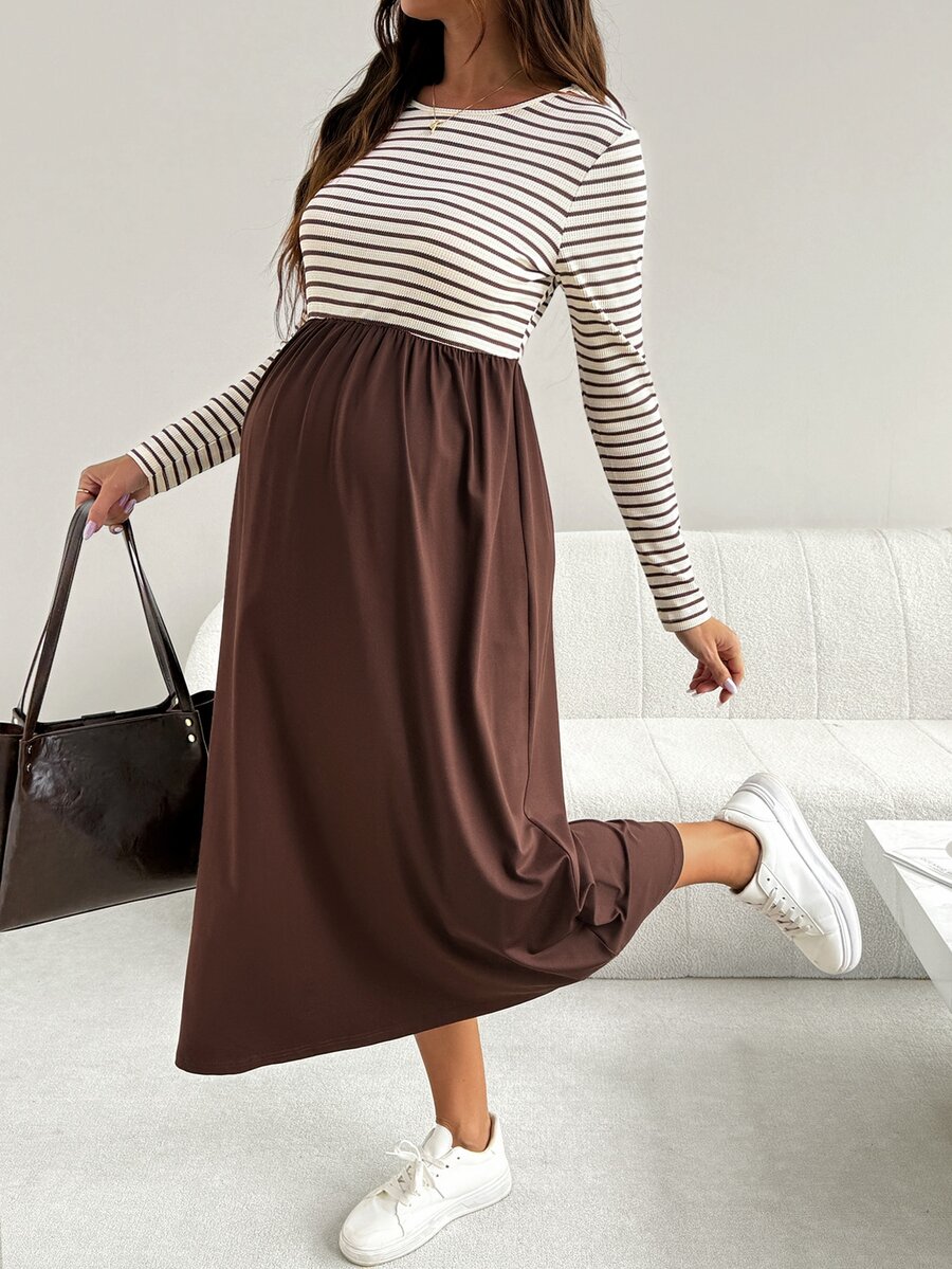 SHEIN Maternity Patchwork Striped Round Neck Long Sleeve Casual Dress - Brown - View 1