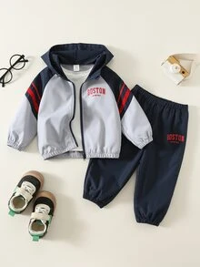 SHEIN 2件組男嬰秋冬休閒條紋字母印花拉鍊連帽衛衣與長褲運動套裝 - 彩色 - 查看 3