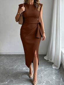 Elenzga Women's Plus Size French Elegant Solid Color Padded Shoulder Sleeveless Dress, High Waist Side Tie Ruched Flattering Asymmetrical Hem Midi Dress For Commute - Chocolate Brown - View 4