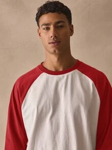 Musero 圓領落肩寬鬆長袖對比袖 T-shirt 春夏必備款 - 紅色 - 查看 2