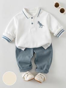 SHEIN Young Boy Cartoon Dinosaur Kids Print Long Sleeve Polo Collar Sweatshirt And Pants Casual Set - Multicolor - View 3