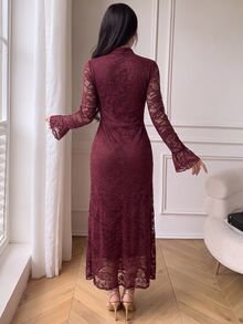 Celisse Women's Lace Patchwork Ruched Elegant Waist-Cinching Party Dress - Burgundy - View 2