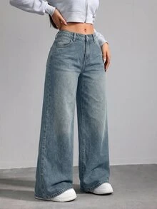 SHEIN Tall CURVE 大尺碼女款口袋寬腿鬆垮休閒百搭牛仔褲 - 中等水洗藍 - 查看 3