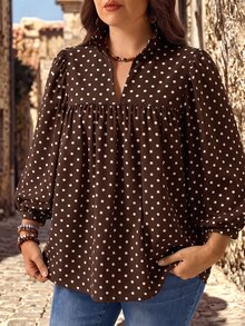 EMERY ROSE Plus Size Brown Polka Dot Pattern Stand Collar Shirt - Suitable For Office, Brunch, Formal Occasions, Vacation And Gatherings; Elegant Casual Bohemian Style For Autumn - Brown - View 4