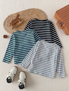 SHEIN 3pcs/Set Boys Striped T-Shirt, Autumn/Winter Base Layer - Multicolor - View 2