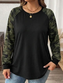Comfylo 大尺碼女款休閒落肩袖圓領寬鬆T恤，適合春秋穿著 - 黑色 - 查看 4
