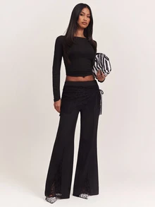 SHEIN BAE بنطلون بدلة نسائي بلون موحد للارتداء اليومي العادي - الأسود - مشاهدة 1