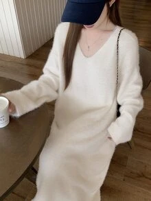 DAZY Women's Solid Color V-Neck Long Sleeve Casual Loose Knit Dress - Beige - View 6