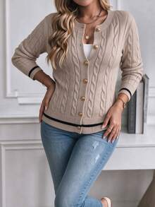 SHEIN LUNE CURVE Khaki Cable Knit Cardigan . Gold Buttons + Contrast Trim Plus Size Cardigan - Camel - View 3