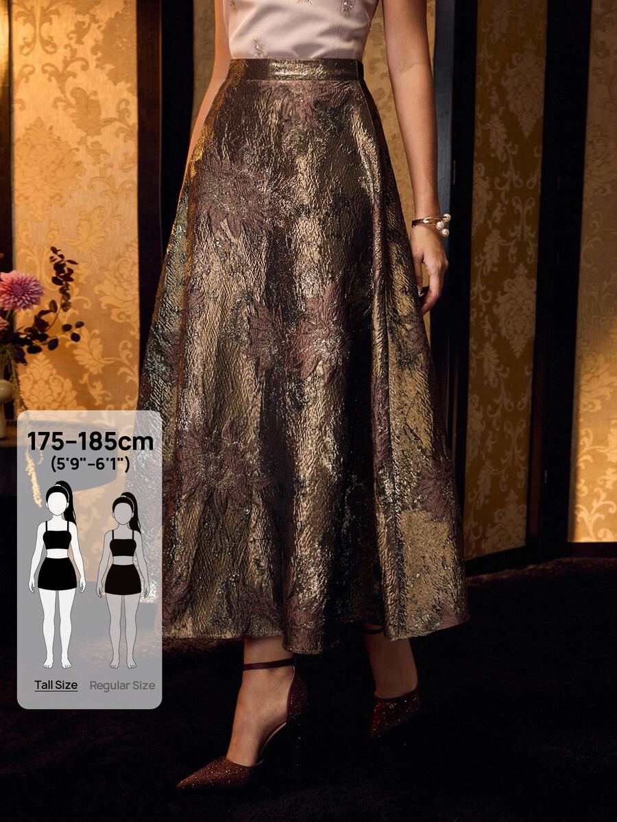 MOTF Tall WOMEN'S JACQUARD HIGH-WAISTED RETRO ELEGANT MIDI SKIRT - Coffee Brown - View 1