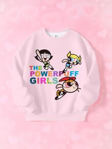 THE POWERPUFF GIRLS X SHEIN Tween Girl Letter Cartoon Print Crew Neck Long Sleeve Casual Sweatshirt - White - View 1