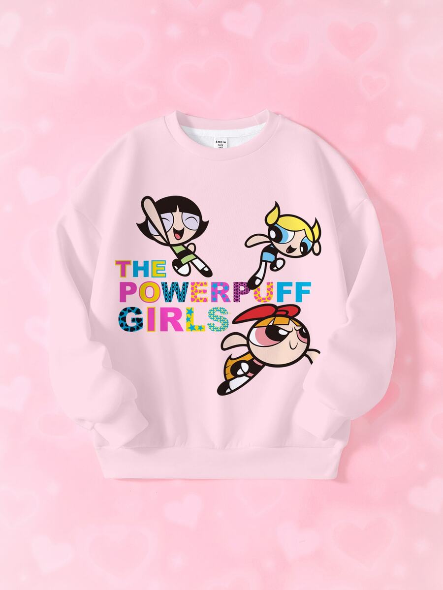 THE POWERPUFF GIRLS X SHEIN Tween Girl Letter Cartoon Print Crew Neck Long Sleeve Casual Sweatshirt - White - View 1