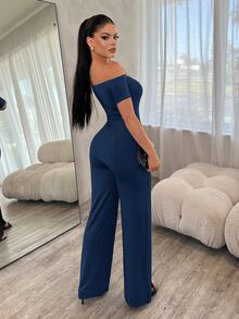 SHEIN SXY 女款純色露肩短袖休閒優雅性感時尚連身褲，適合夜晚外出、雞尾酒會、夏季穿著 - 藏蓝色 - 查看 2