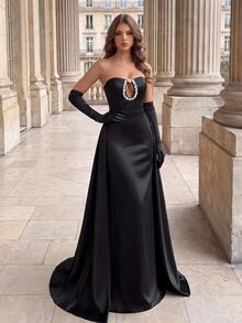 Poshira Women's Rhinestone Decor Cutout Design Elegant Strapless Cocktail Dress - Black - View 1