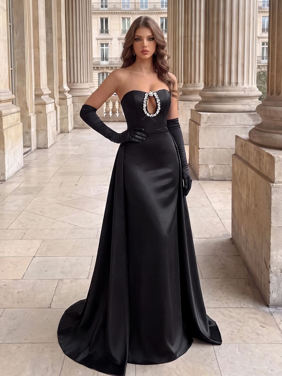 Poshira Women's Rhinestone Decor Cutout Design Elegant Strapless Cocktail Dress - Black - View 1