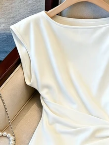 Resyla Asymmetrical Hem Round Neck Dolman Sleeve Top - White - View 4