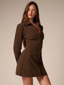 Athîral Women's Autumn/Winter Chocolate Brown Lapel Single-Breasted Casual Mini Dress - Brown - View 7