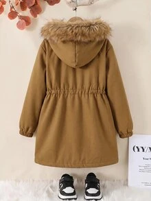 SHEIN Tween女孩寬鬆休閒連帽極簡純色收腰長袖百搭風衣秋季外套 - 棕色 - 查看 6