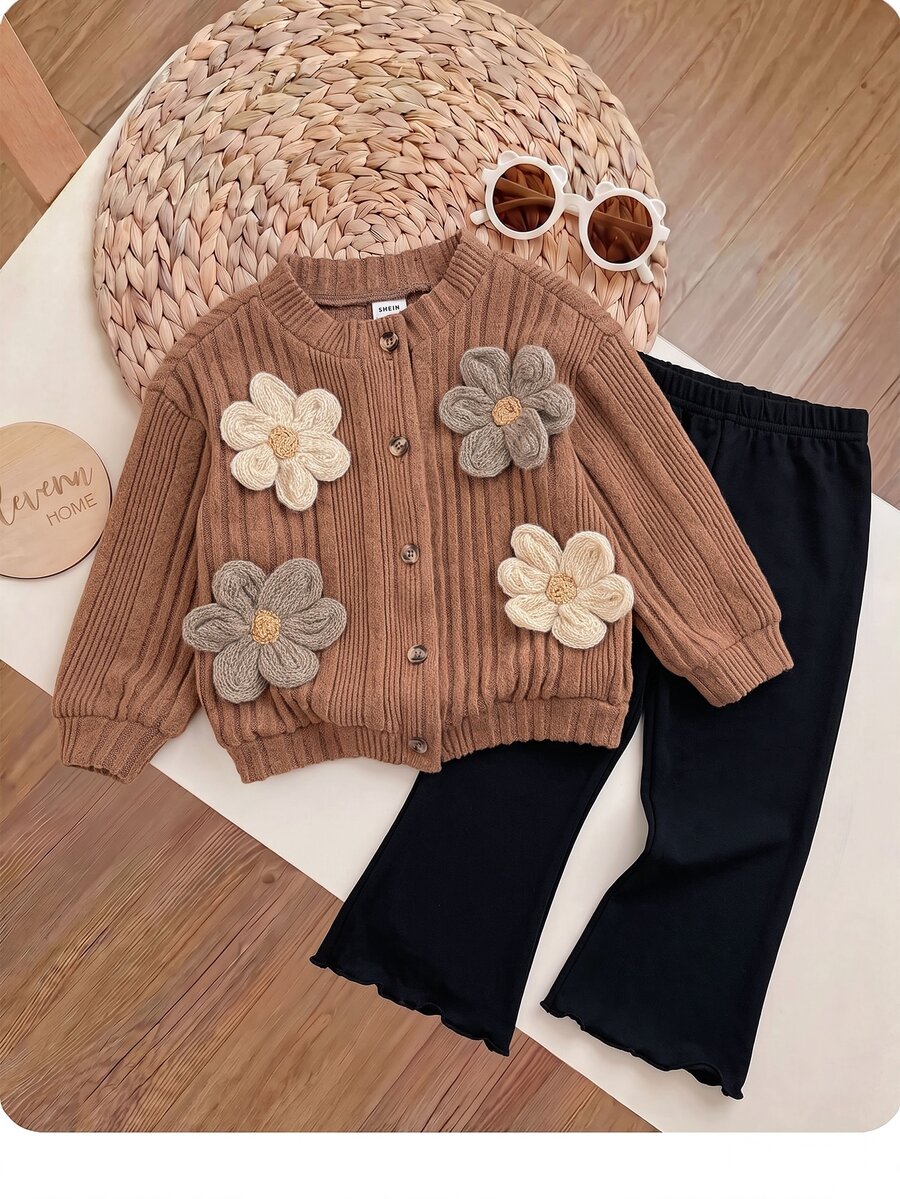 SHEIN Baby Girl 3D Floral Decor Long Sleeve Single-Breasted Jacket And Flare Pants Casual Set - Brown - View 1