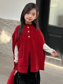 Dazy Kids (Tween Girl) 寬鬆粗繩編織可愛披肩式開襟毛衣，秋冬款 - 酒紅色 - 查看 1