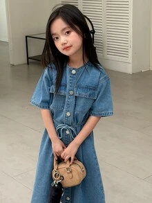 Dazy Kids Tween Girl) Denim Round Neck Long Sleeve Denim Short Sleeve Casual Washed Dress - Medium Wash - View 7