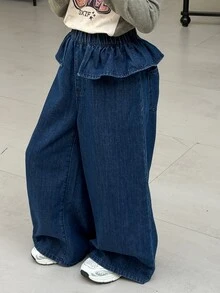 Dazy Kids Tween Girl) Straight Leg Casual Washed Denim Jeans With Frill Trim And Patchwork Design, Autumn/Winter - Blue - View 6