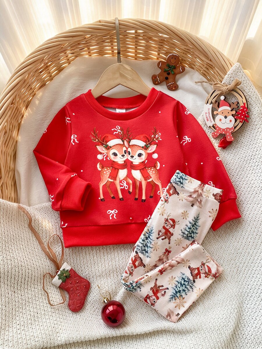 SHEIN Playful Pals 女嬰聖誕兩件套休閒套裝,可愛卡通馴鹿圖案紅色運動衫搭配聖誕樹印花長褲,節日休閒套裝 - 紅色 - 查看 1