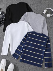 SHEIN Kids 4pcs Tween Boy Casual Solid Color & Striped Long Sleeve T-Shirts Chic For Autumn/Winter Fall - Multicolor - View 2