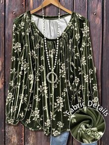 Linhara Women's Plus Size Autumn/Winter Simple Versatile Retro Green Korean Fleece Random Print Long Sleeve Round Neck Pleated Design Suitable For Autumn/Winter Wear - Green - View 1