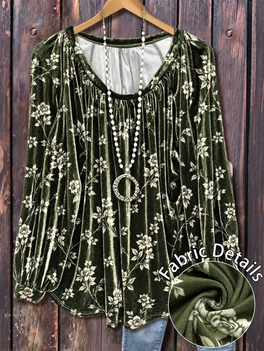 Linhara Women's Plus Size Autumn/Winter Simple Versatile Retro Green Korean Fleece Random Print Long Sleeve Round Neck Pleated Design Suitable For Autumn/Winter Wear - Green - View 1