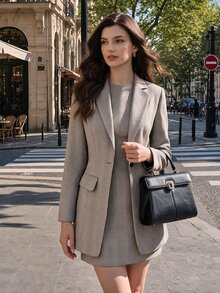 Vintamour 復古優雅女款套裝 秋季秋冬款 鈕扣西裝外套迷你洋裝 2件套 休閒通勤 教師節 辦公室 棕色格紋 工作穿搭 - 棕色 - 查看 4