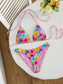 Swim MOD 兩件式春夏度假隨機印花海洋貝殼飾品掛脖三角比基尼上衣與比基尼褲頭可正反穿花紋比基尼套裝 性感女款泳衣套裝 - 彩色 - 查看 4
