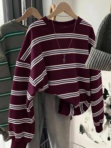 Sweatshirt Kasual Kerah Bulat Bahu Longgar untuk Anak Perempuan Remaja, Merah Berry - Putih - View 4