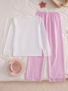 Girls' Fashionable Cute Ribbed Pattern Comfortable Ribbed Fabric Lace Trim Collar Long Sleeve Pants Loungewear Set - White - View 3